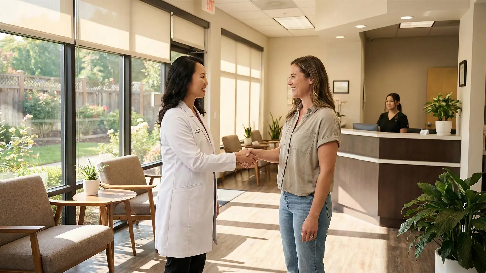 Dr. Julia Lee, DDS, welcoming a patient at Revive Dental